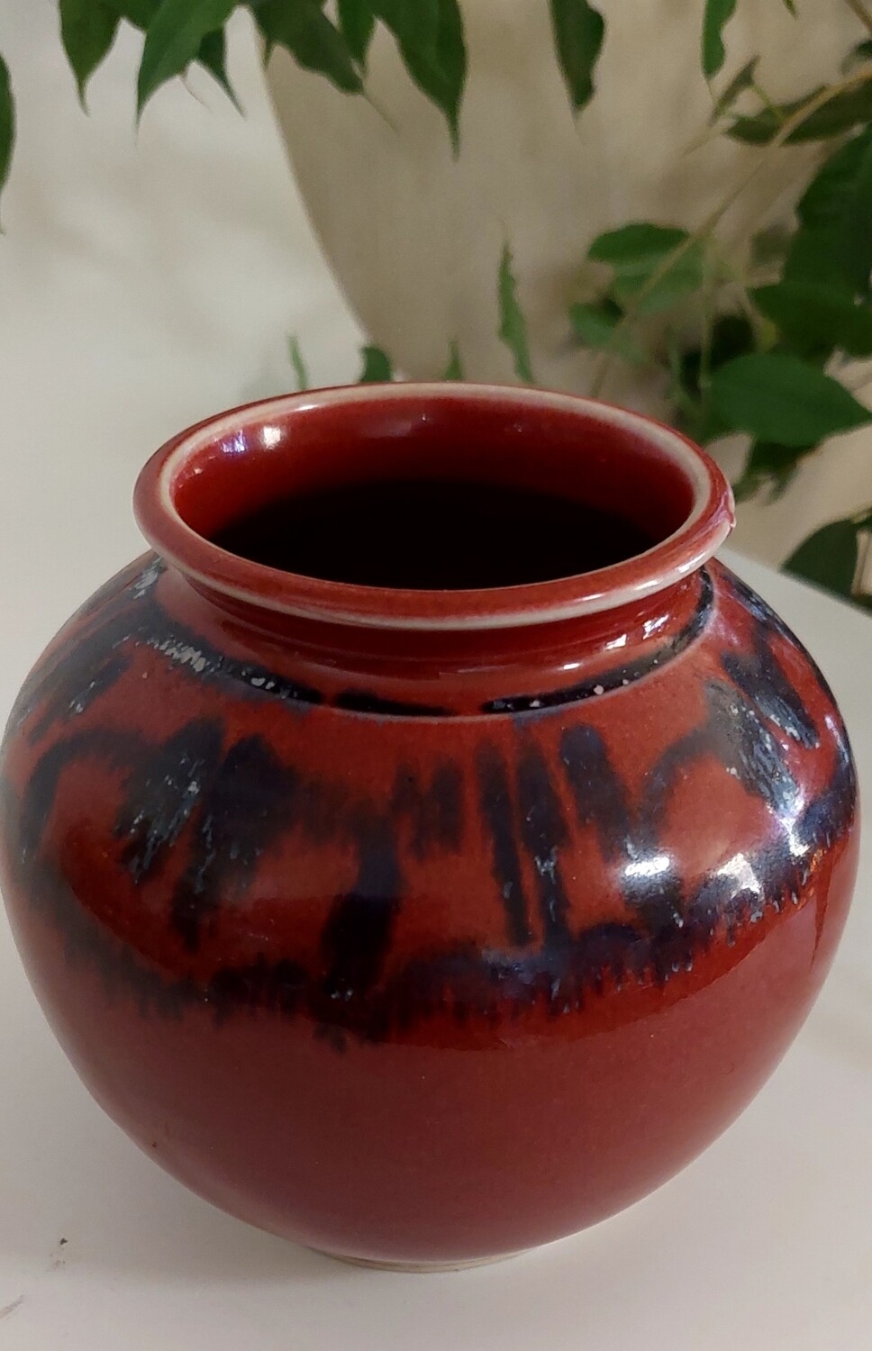 Tony Barnes, (Moonshine Pottery), Australian Pottery, Vase in Burgundy with Navy Trim, Suitable as a Gift.