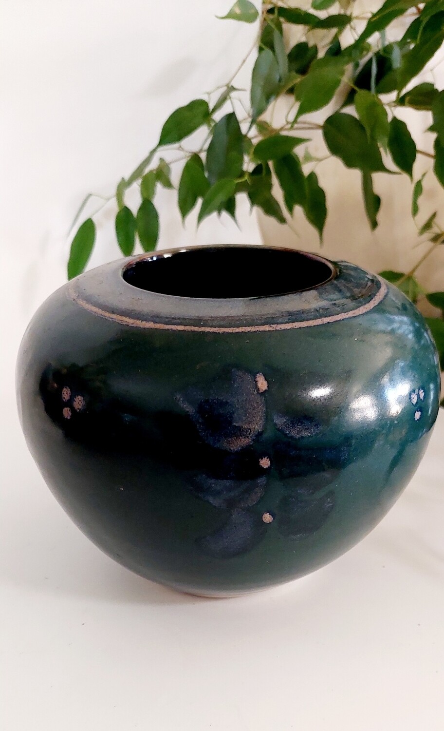 Tony Barnes Pottery Vase, Australian Pottery,  Deep Green with Blue Abstract Flowers.