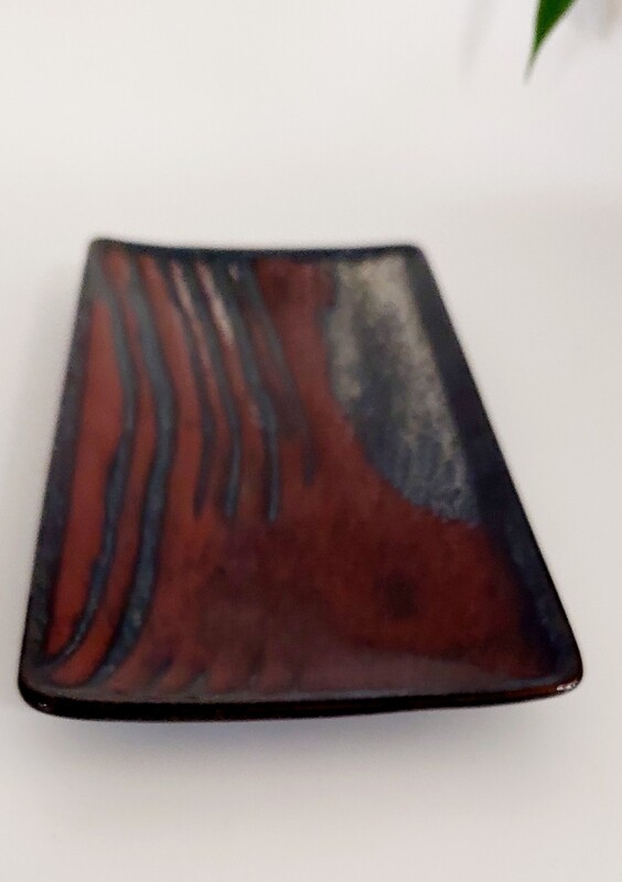 One Tree Hill Pottery Rectangular Dish in Deep Reds and Blacks,  Signed on Base, Great Birthday or Christmas Gift.