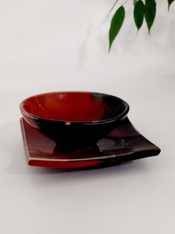 One Tree Hill Pottery Bowl and Under Plate, Deep Blacks and Reds, Beautiful Decor Piece.