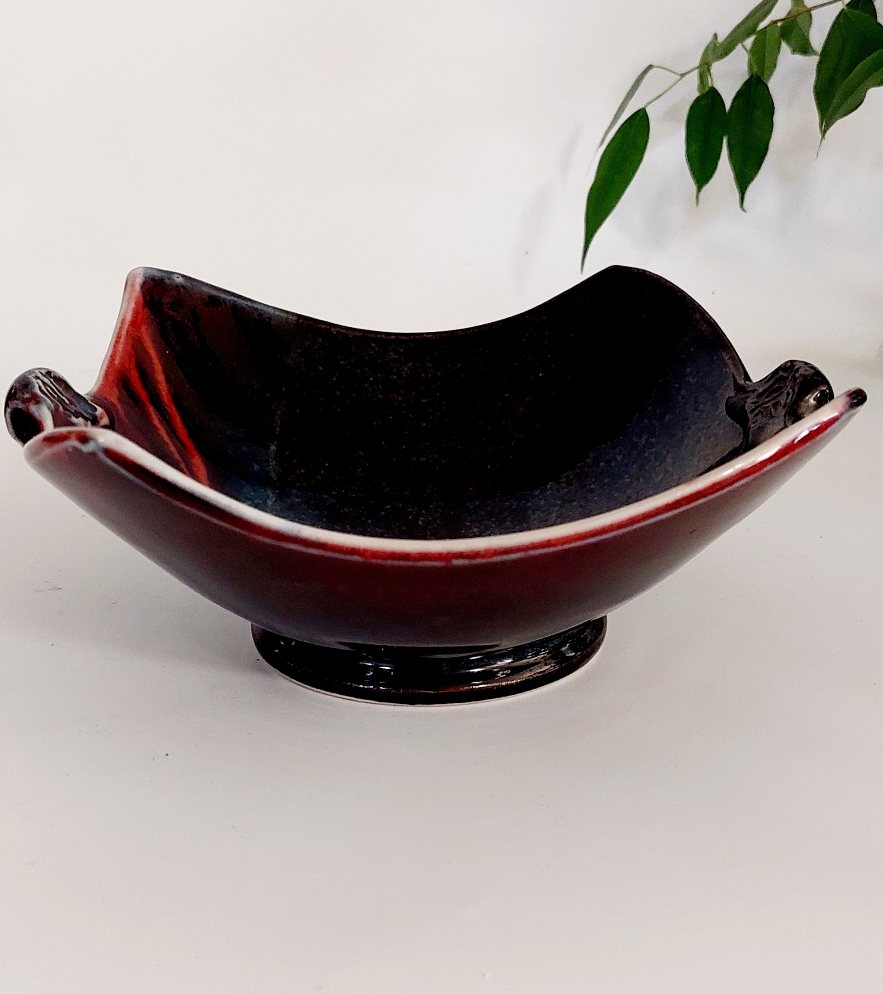 One Tree Hill Pottery,  Bowl with Small Handles,  Red and Black Tones, Gift for a Friend,  Housewarming Gift,  Birthday Gift or Christmas Gift
