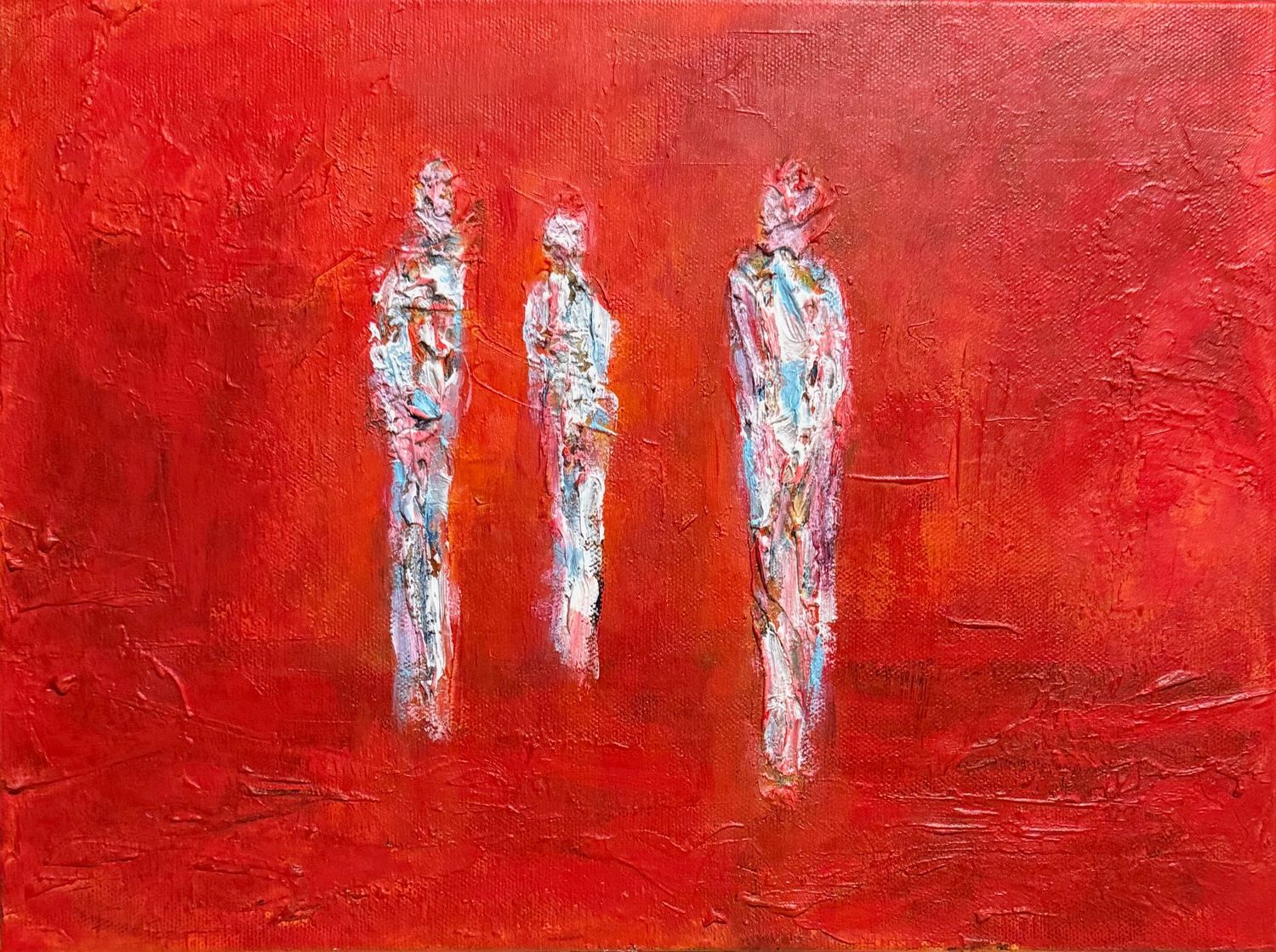 “Three Paths Crossing” by Irish artist Anthony Carey — a 30 × 40 cm acrylic and plaster painting on canvas. The artwork features three abstract human forms emerging from a heavily textured red background, symbolizing life paths, transformation, and moments of connection. Presented in a black wooden float frame and ready to hang.