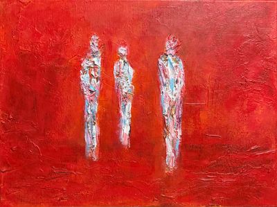 “Three Paths Crossing” by Irish artist Anthony Carey — a 30 × 40 cm acrylic and plaster painting on canvas. The artwork features three abstract human forms emerging from a heavily textured red background, symbolizing life paths, transformation, and moments of connection. Presented in a black wooden float frame and ready to hang.