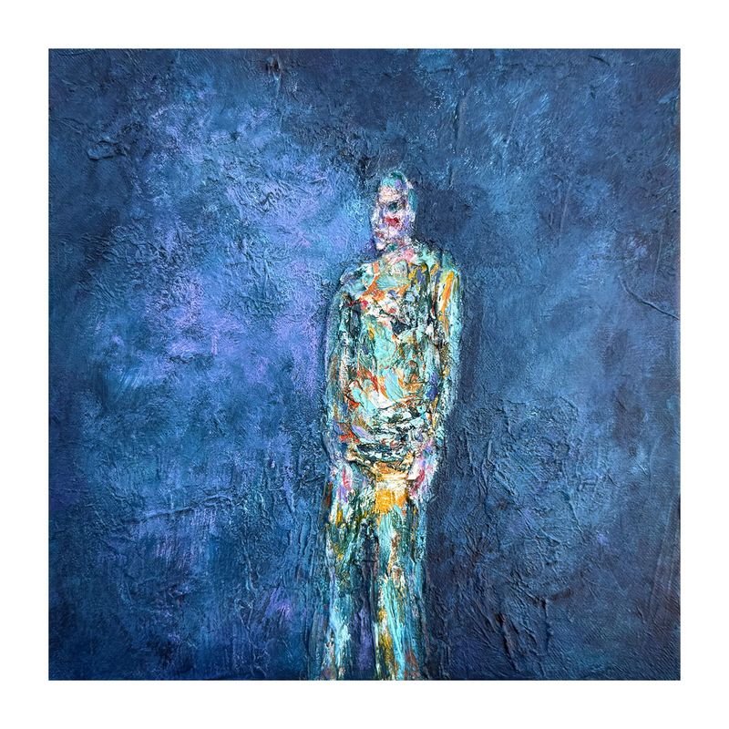 Steps in Stillness by rtist Anthony Carey, an original painting of a solitary multicoloured figure on blue and mauve ground