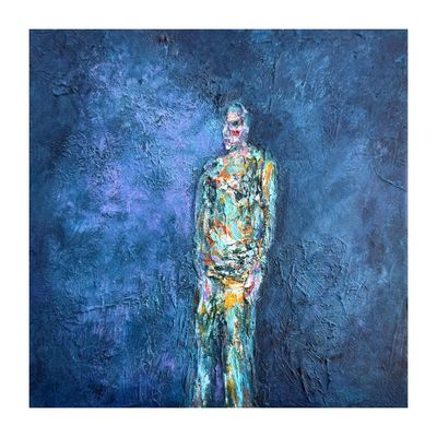 Steps in Stillness Steps in Stillness by rtist Anthony Carey, an original painting of a solitary multicoloured figure on blue and mauve ground