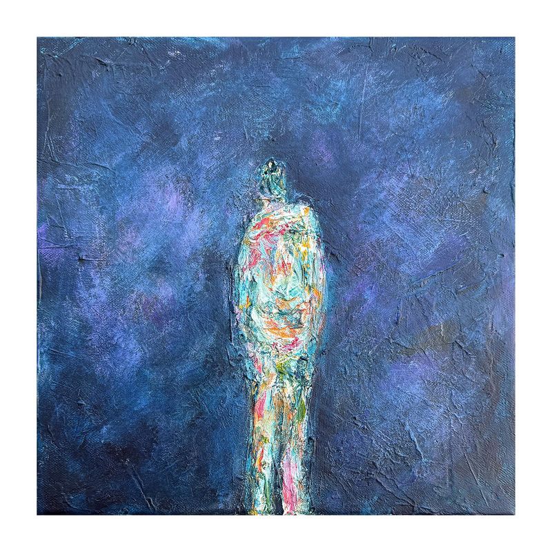 The Watchful Presence by artist Anthony Carey, a fine art print of a solitary multicoloured figure against a deep-blue ground