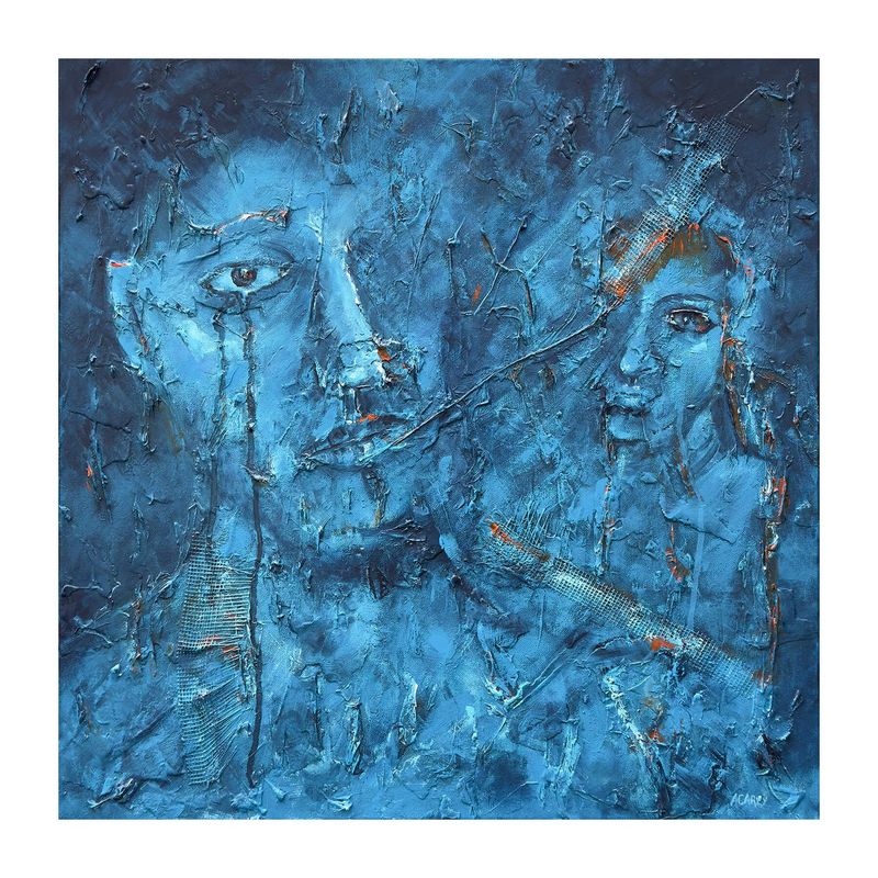 A Part of Ourselves limited-edition print by Anthony Carey, featuring two fragmented faces in layered blue tones