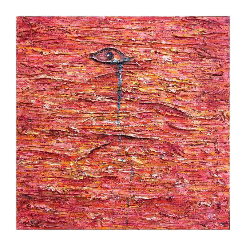 Seen and Unspoken by Irish Artist Anthony Carey, a limited-edition abstract print in layered shades of red, pink and orange