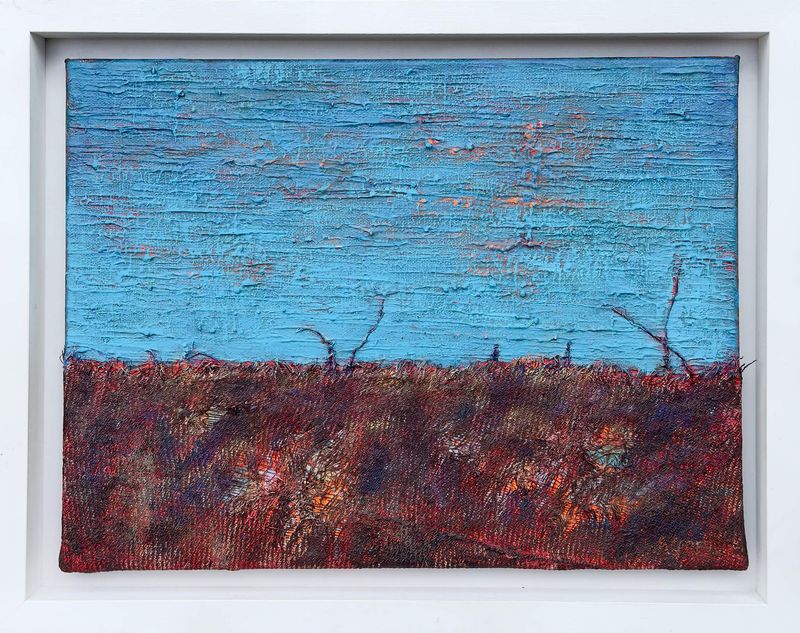 Midnight Lamp II, by Irish artist Anthony Carey, an abstract blue and brown landscape painting made with acrylic and hessian
