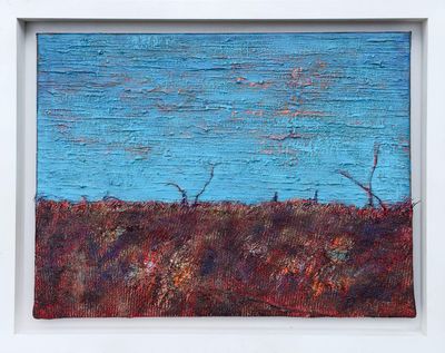 Midnight Lamp II Midnight Lamp II, by Irish artist Anthony Carey, an abstract blue and brown landscape painting made with acrylic and hessian