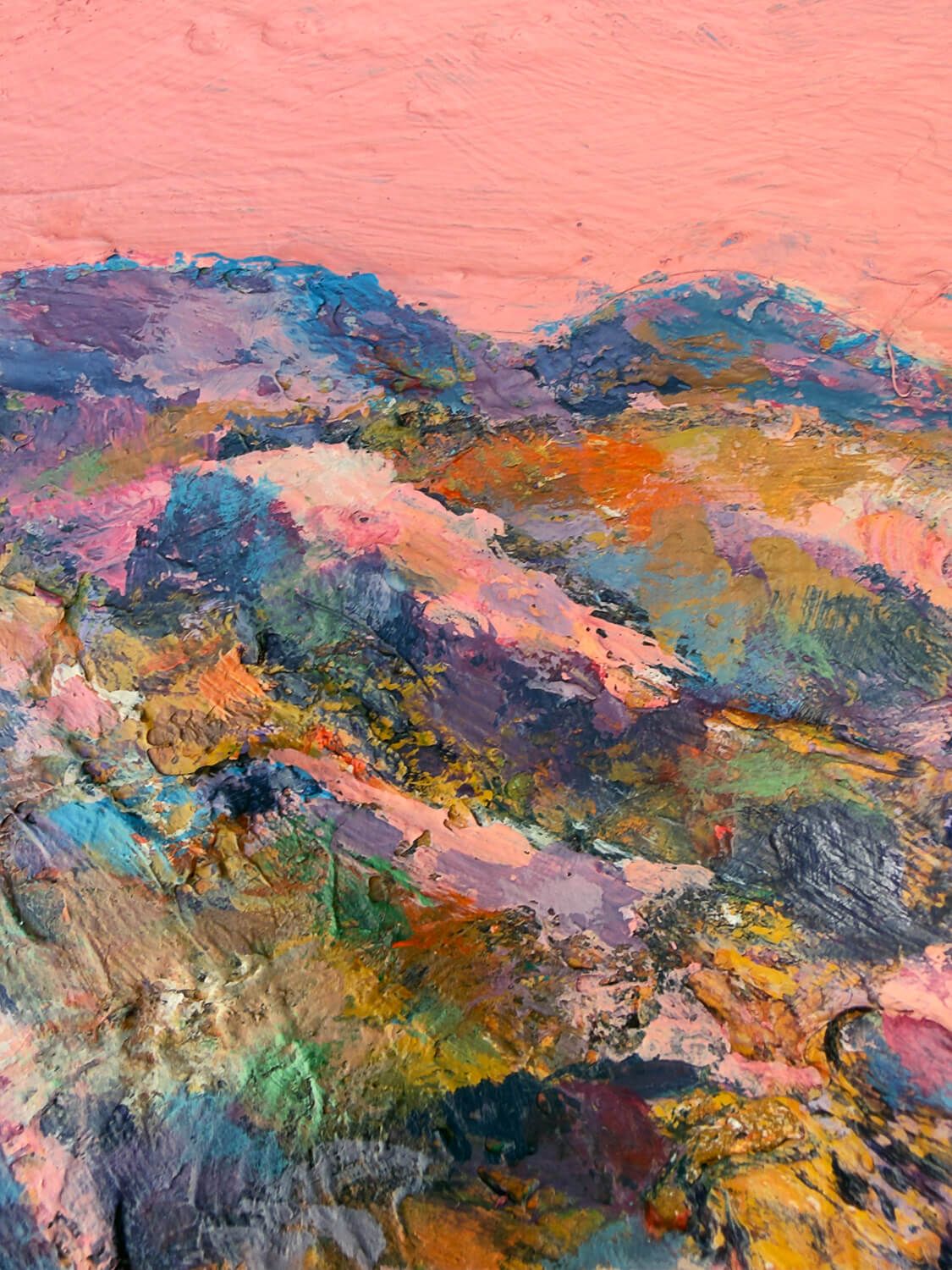 Days Like These IV, a textured landscape painting with a pink sky and layered multicoloured terrain