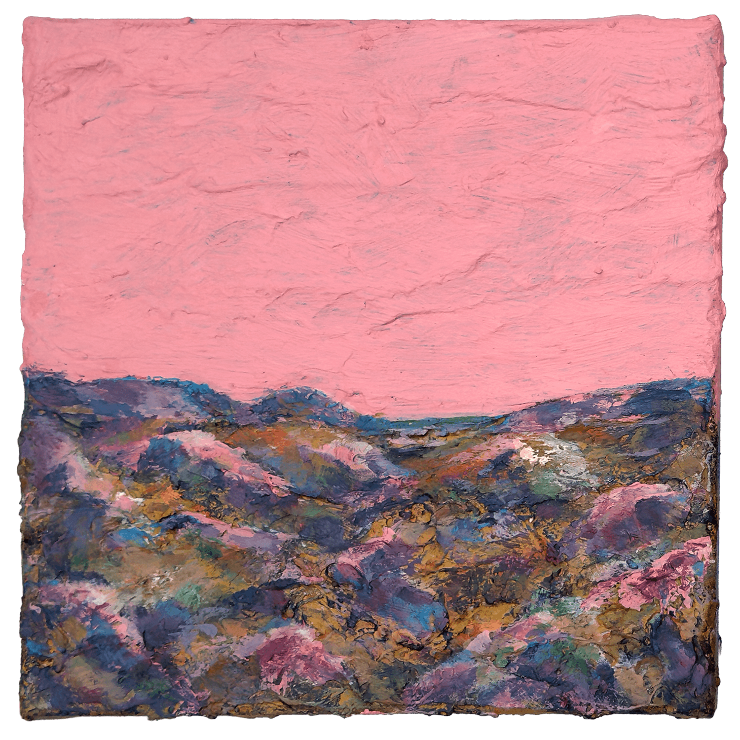 Days like these IV Days Like These IV, a textured landscape painting with a pink sky and layered multicoloured terrain