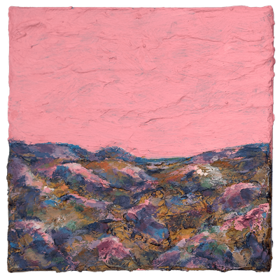 Days like these IV Days Like These IV, a textured landscape painting with a pink sky and layered multicoloured terrain