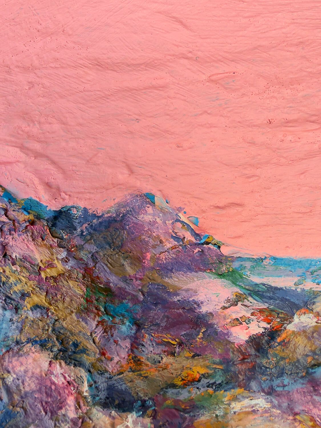 Days Like These V, a textured landscape painting with a pink sky and layered multicoloured terrain