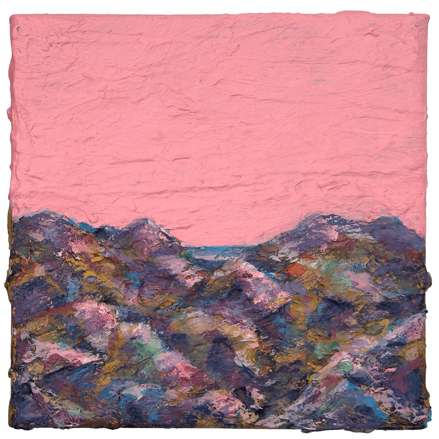 Days Like These V Days Like These V, a textured landscape painting with a pink sky and layered multicoloured terrain
