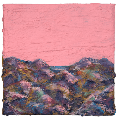 Days Like These V Days Like These V, a textured landscape painting with a pink sky and layered multicoloured terrain