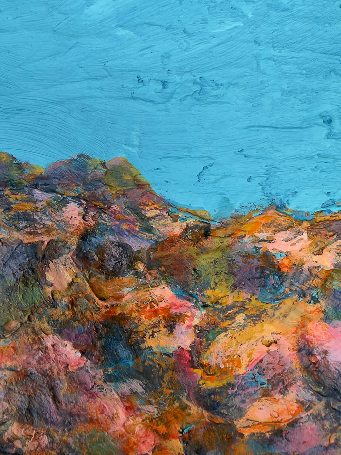 Days Like These I, a textured landscape painting with a blue sky and multicoloured terrain