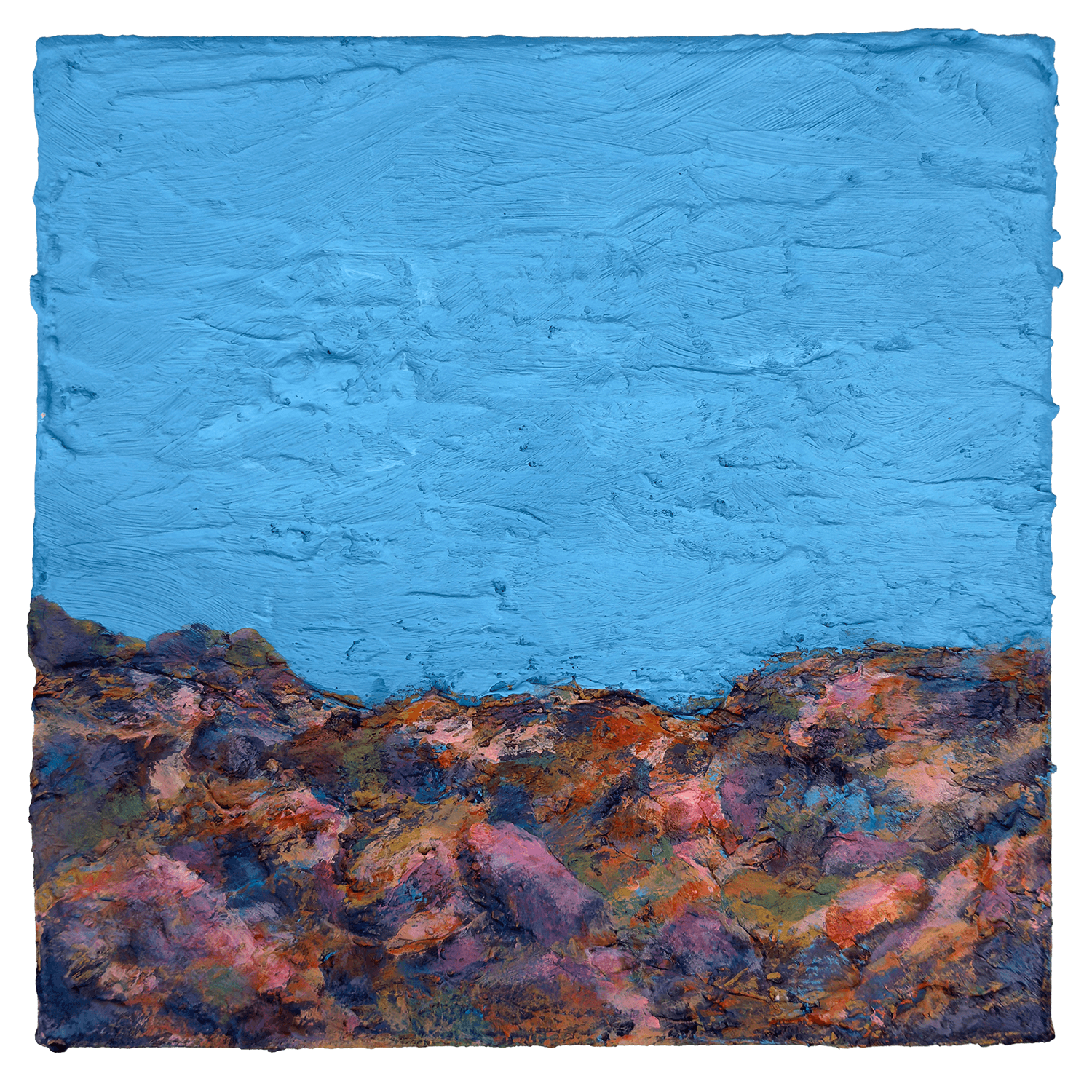 Days Like These I Days Like These I, a textured landscape painting with a blue sky and multicoloured terrain