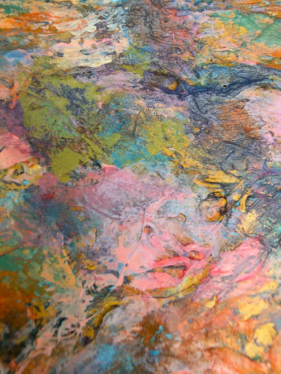 Days Like These II, a textured landscape painting with a blue sky and multicoloured terrain