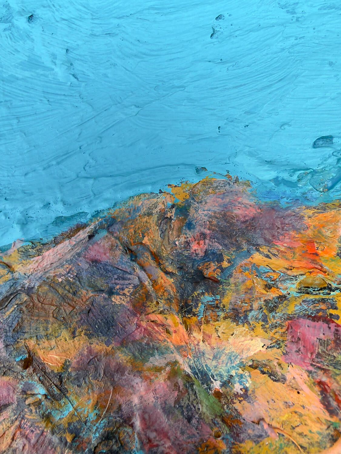 Days Like These III, a textured landscape painting with a blue sky and multicoloured terrain