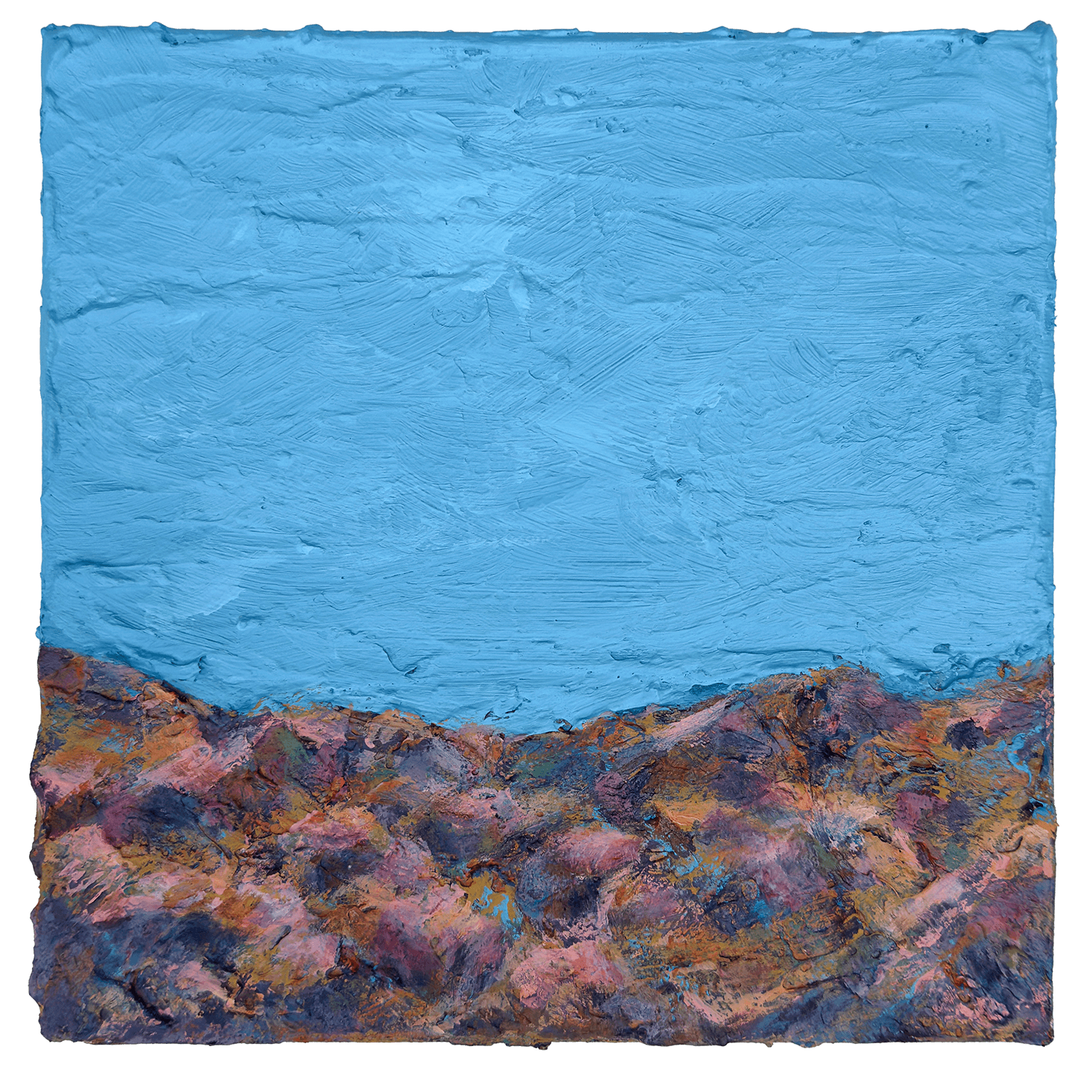 Days Like These III Days Like These III, a textured landscape painting with a blue sky and multicoloured terrain