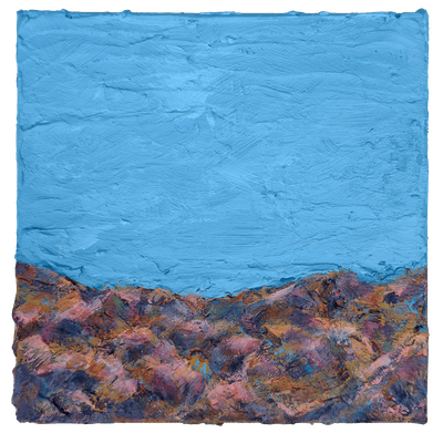 Days Like These III Days Like These III, a textured landscape painting with a blue sky and multicoloured terrain