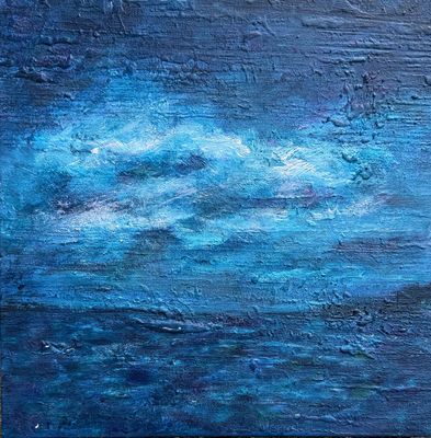 Nights Like These I Nights Like These I, by Irish artist Anthony Carey an original textured blue painting evoking moonlight over the sea