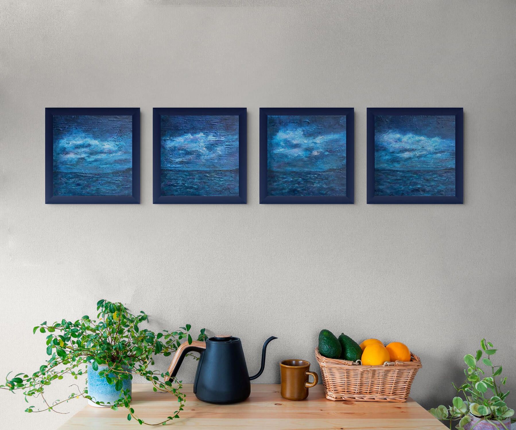 Nights Like These I, by Irish artist Anthony Carey an original textured blue painting evoking moonlight over the sea