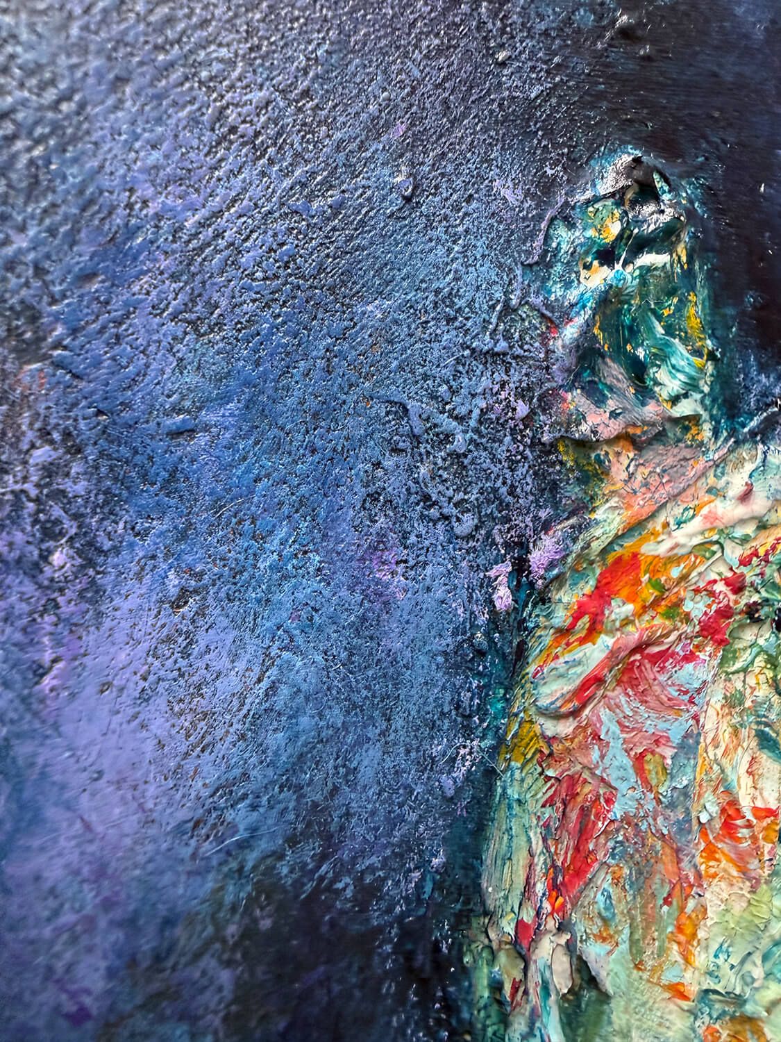 The Watchful Presence by Irish artist Anthony Carey, an original blue painting of a solitary multicoloured figure