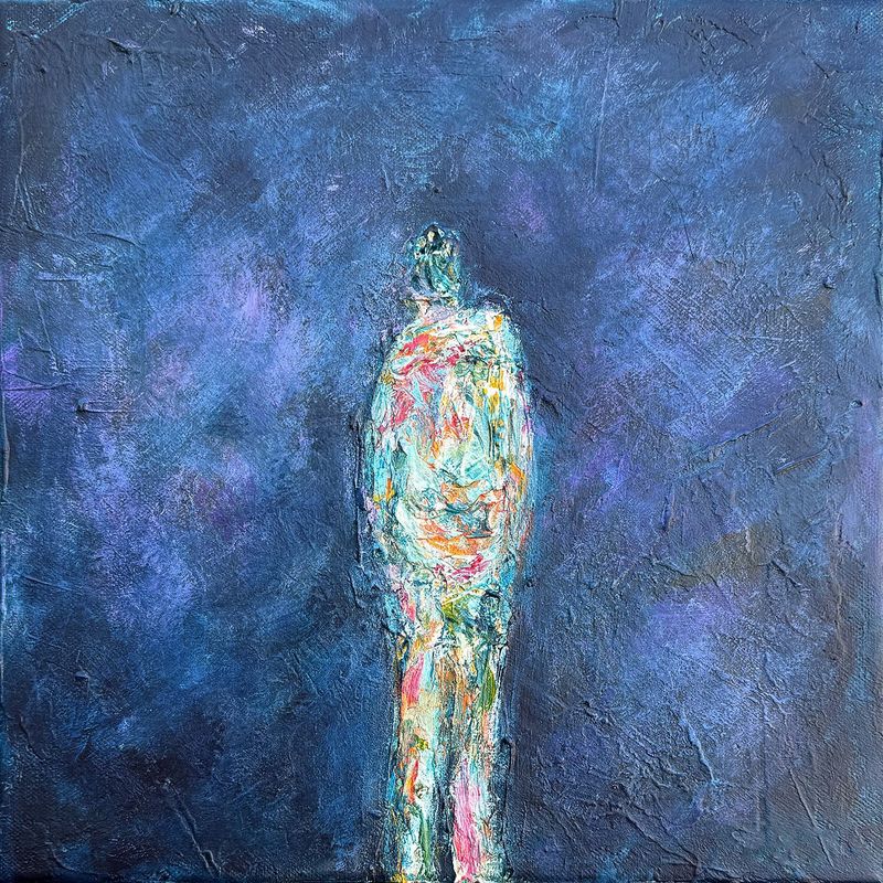 The Watchful Presence by Irish artist Anthony Carey, an original blue painting of a solitary multicoloured figure