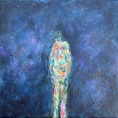 The Watchful Presence - Original Painting The Watchful Presence by Irish artist Anthony Carey, an original blue painting of a solitary multicoloured figure