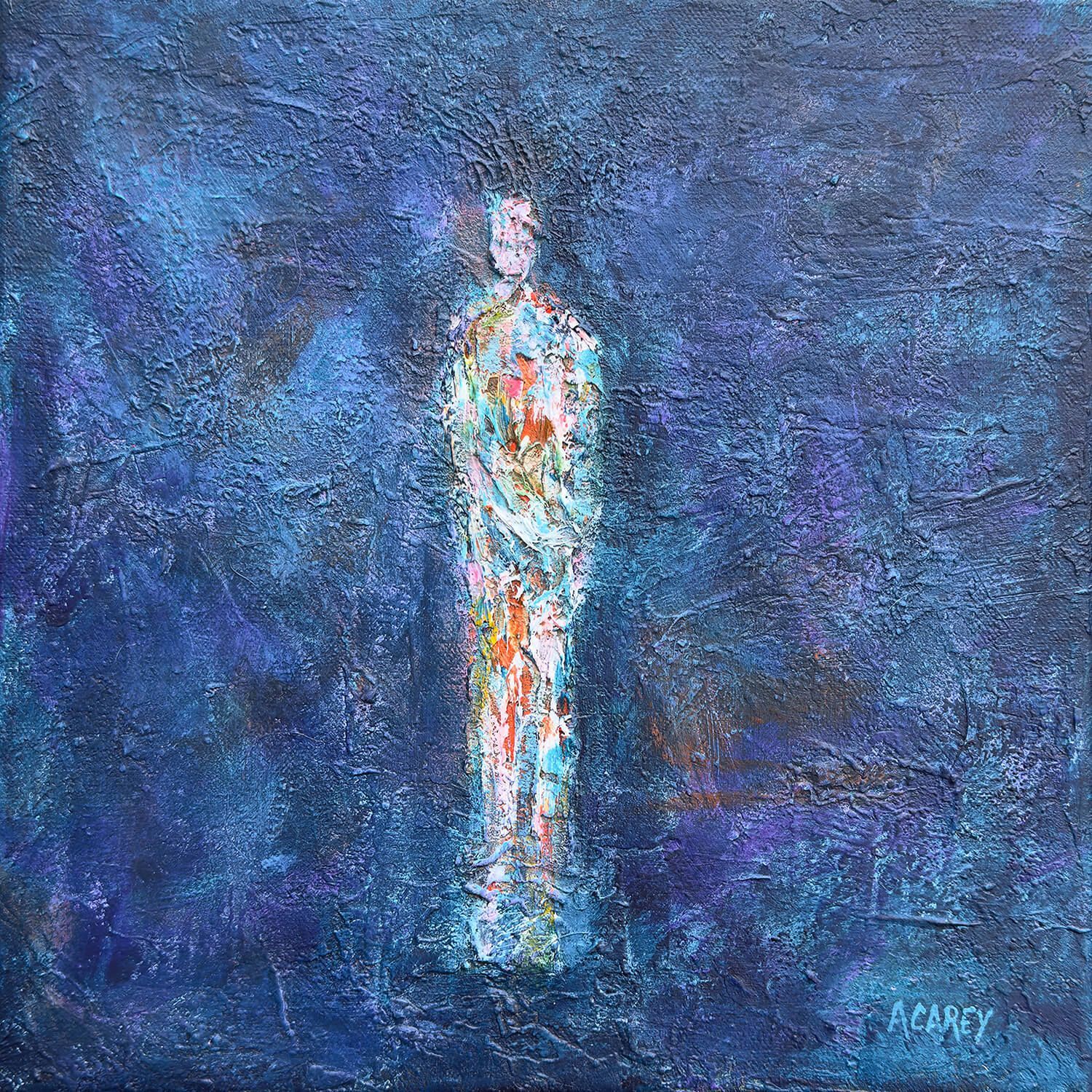 Solitary Reflection Solitary Reflection, acrylic and plaster painting of a contemplative figure against a textured blue ground