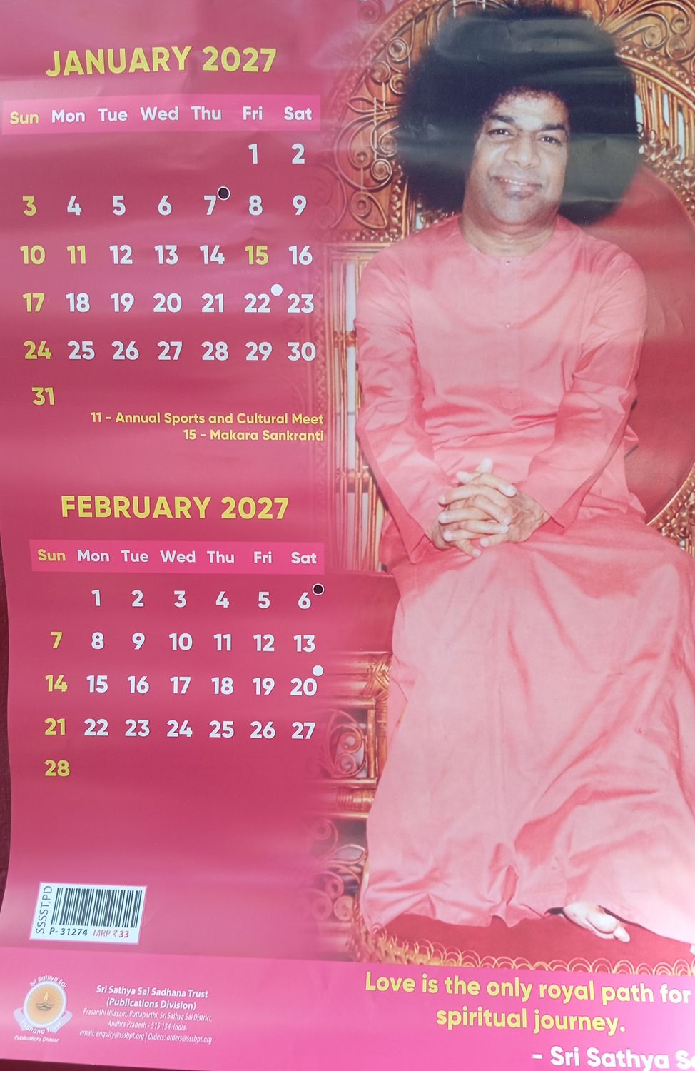 wall Calendar 2027 From Sri Sathya Sai Sadhana Trust