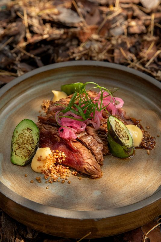Tataki van rund met granaatappel, komkommer & radijs