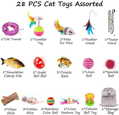 28Pcs MIBOTE Cat Toys Kitten Toys Assorted, Cat Tunnel Catnip Fish Feather Teaser Wand Fish Fluffy Mouse Mice Balls and Bells Toys for Cat Puppy Kitty​; Brand: MIBOTE