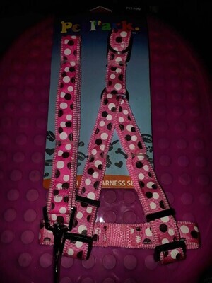 *Harness &amp; Leash Set; Colour: Pink, Black &amp; White Polka Dots; Size: LARGE