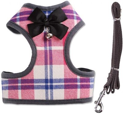 **RC GearPro Cat/Dog Breathable Soft Harness + Leash Set Adjustable Reflective Step-in Puppy Vest Mesh Padded Plaid for Large Cats; Size: LARGE; Color: PINK