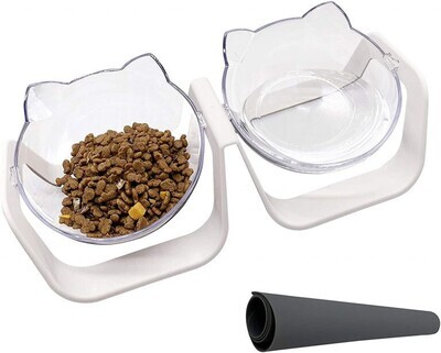 ** Umisun Cat Bowl with Raised Stand 15° Transparent Tilted Pet Feeding Bowl for Cats and Small Dogs, Food Grade Material Nonslip No Spill, Cute Cat Face Double Bowl; Brand: Umisun