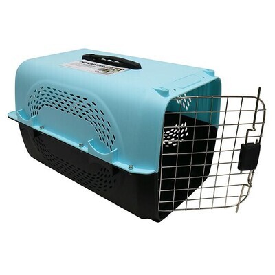 ((1)) PLASTIC TRAVEL PET CARRIER (STANDARD SMALL); SIZE: 50cm X34cm X32cm [20 inches x 13.6 inches x 12.8 inches]; Colour: Blue &amp; Black