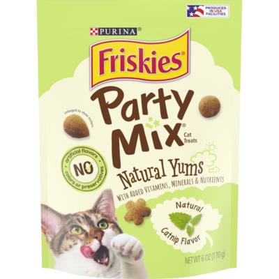 Purina Friskies MEGA Party Mix Naturals YUMS CATNIP Adult Cat Treats - 6 oz. Pouch (MEGA)