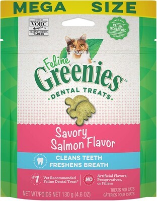 FELINE GREENIES MEGA Natural Dental Care Cat Treats, SALMON Flavor, MEGA Pack; Size: 4.6 Ounce.