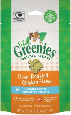 FELINE GREENIES Natural Dental Care Cat Treats, CHICKEN Flavor, All Bag Sizes; Size: 2.1 Ounce.