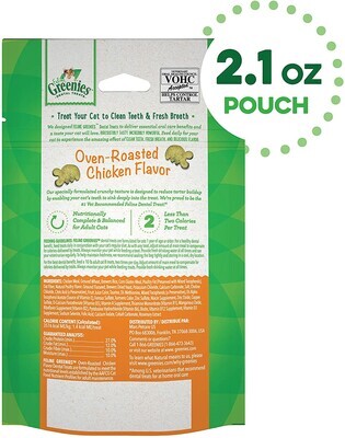 FELINE GREENIES Natural Dental Care Cat Treats, CHICKEN Flavor, All Bag Sizes; Size: 2.1 Ounce.