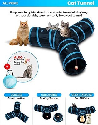 All Prime 3 Way Cat Tunnel - Also Included is a Flexible Wand Interactive Cat Toy and a Carry Case - Toys for Cats - Cat Tunnels for Indoor Cats - Cat Tube - Collapsible 3 Way Pet Tunnel - Great Toy