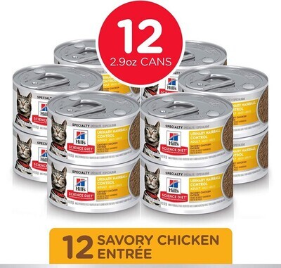 Hill’s Science Diet Wet Cat Food, Adult, Urinary &amp; Hairball Control, Savory Chicken Recipe Brand: Hill’s Science Diet; Size: 2.9 oz, Pack of 12
