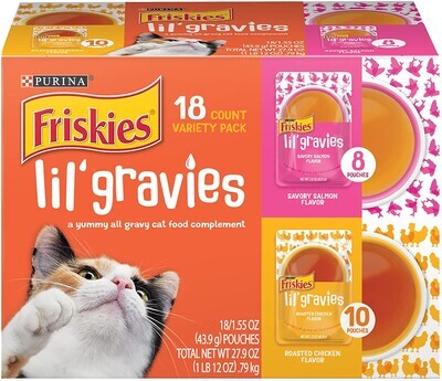 Purina Friskies Lil Gravies Adult Wet Cat Food Complement, Chicken &amp; Salmon Variety Pack (Pack of 18) - TTD $299.00 (works out as $16.61 per pouch - NOT sold individually)