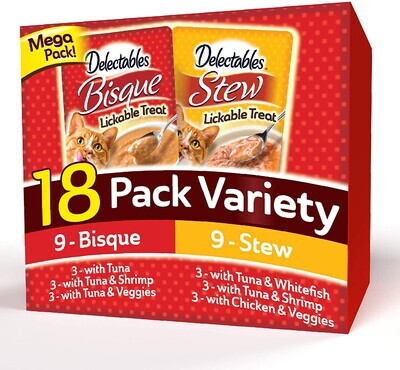 Hartz Delectables Bisque &amp; Stew Lickable Wet Cat Treats for Adult &amp; Senior Cats, Multiple Flavors; Stew and Bisque Variety; 18 Count (Pack of 1) - TTD $296.00 (works out as $16.44 per pouch - NOT Ind.