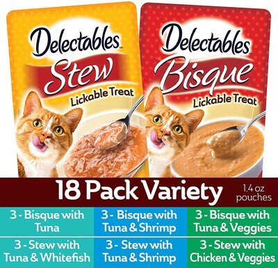 Hartz Delectables Bisque &amp; Stew Lickable Wet Cat Treats for Adult &amp; Senior Cats, Multiple Flavors; Stew and Bisque Variety; 18 Count (Pack of 1) - TTD $296.00 (works out as $16.44 per pouch - NOT Ind.