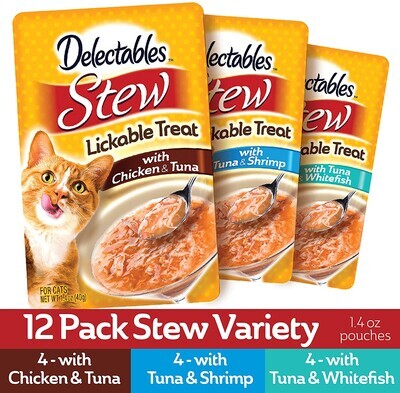 Delectables Hartz Stew Lickable Wet Cat Treats for Adult Cats, Multiple Flavors; 12 Count; Chicken, Tuna, Shrimp &amp; Whitefish - TTD $222.00 (works out as $18.50 per pouch - NOT sold individually)