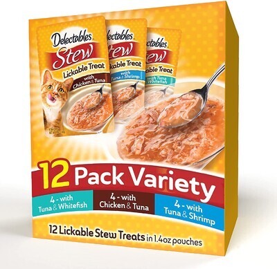 Delectables Hartz Stew Lickable Wet Cat Treats for Adult Cats, Multiple Flavors; 12 Count; Chicken, Tuna, Shrimp &amp; Whitefish - TTD $222.00 (works out as $18.50 per pouch - NOT sold individually)